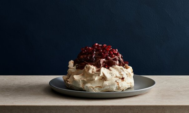 Delicate pavlova dessert with bright red fruit topping