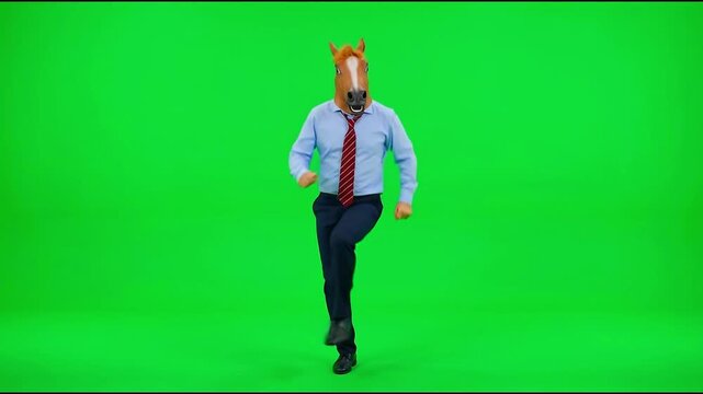 Man in horse mask dancing on a green screen background, chroma key
