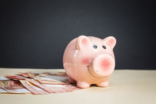 pink piggy bank for saving money on a light background