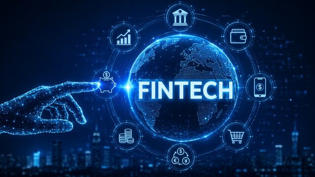 Digital globe representing fintech technology is surrounded by various financial icons and a wireframe hand pointing towards a piggy bank icon over a futuristic city background.