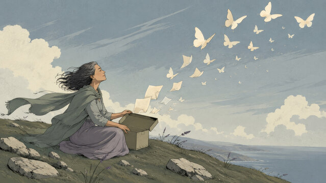 Poetic illustration of a woman releasing unsent letters that become white butterflies, symbolizing closure, letting go, emotional healing, freedom, memory and personal transformation
