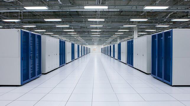 Modern large data center facility with rows of secure server racks, advanced cooling systems, and bright ceiling lights for enterprise IT