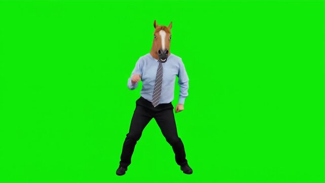 Man in horse mask dancing on a green screen background, chroma key