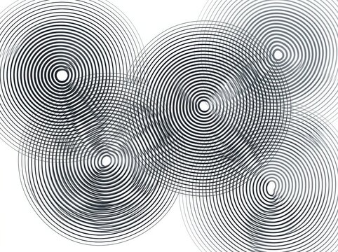 Abstract background with overlapping concentric circles creating a moire pattern effect, monochrome ripple design isolated on white background