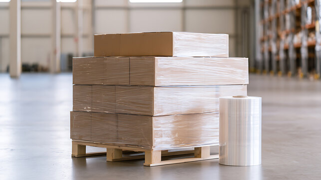 Cardboard boxes stacked on a wooden pallet inside a modern warehouse storage facility with stretch film plastic roll for industrial logistics