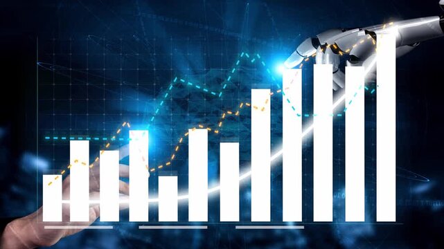 This image showcases a robotic hand interacting with rising graphs in a digital landscape, symbolizing data analysis, business growth, and technological advancement. Copula