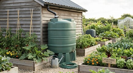 Obraz premium Rainwater harvesting tank next to a wooden shed. Green cistern for garden irrigation in a vegetable patch. Sustainable gardening concept