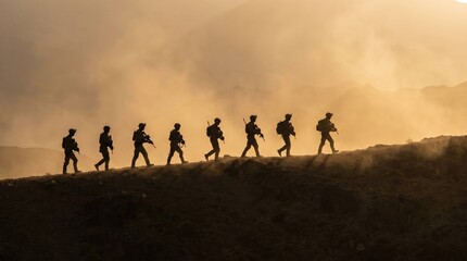Obraz premium silhouette of military squad walking in line on mountain ridge during dusty sunset. armed forces patrol, teamwork and combat deployment concept. banner, website header, background with copyspace.