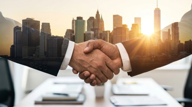 Double exposure of business handshake and city skyline at sunset representing global corporate partnership and success.