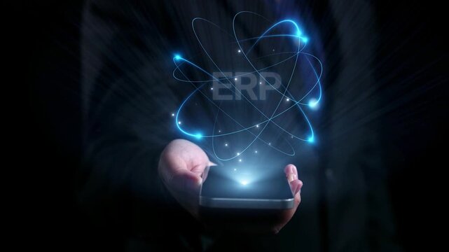 ERP platform visual showing centralized system for enterprise resource planning, improving integration, data flow, business efficiency, finance, inventory, and human resources. Elide