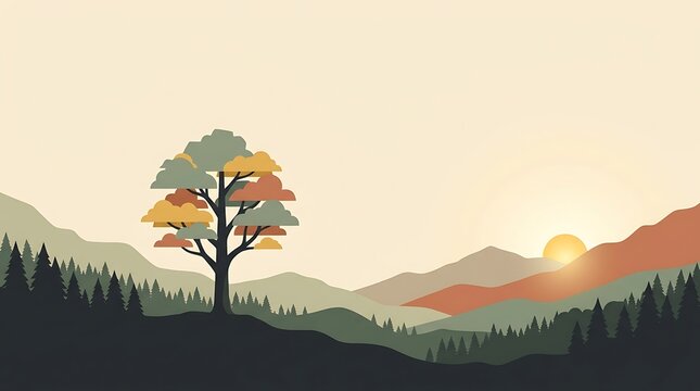 Minimalist landscape illustration with a lone tree at sunset over mountain forest hills.