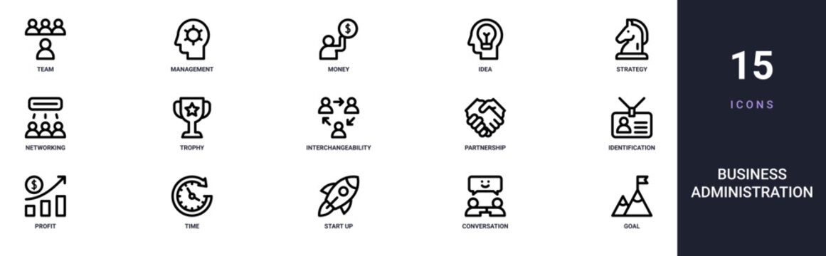 Set of 15 outline web Business Administration icons such as goal, conversation, start up, time, profit, identification, partnership vector icons for report, presentation, diagram, web design, mobile