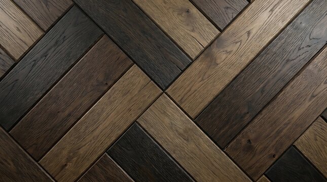 Herringbone wood flooring displays a geometric pattern with varying brown tones and natural grain woodgrain timber planks parquet chevron surface texture tan chocolate walnut rustic