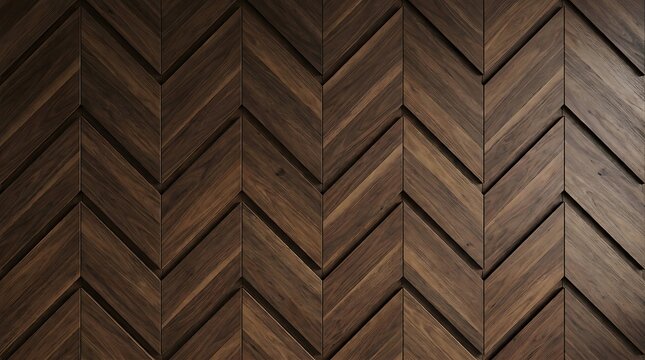 Chevron wood pattern displays a repeating geometric arrangement of dark brown planks woodgrain texture surface paneling veneer angles lines shapes interior design decor architecture construction