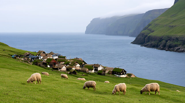Scenic coastal village landscape featuring domestic sheep ovis aries grazing on green grassy hills near the ocean water and steep cliffs