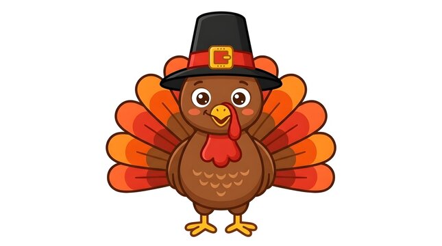 Cartoon turkey wearing a pilgrim hat isolated on a white background