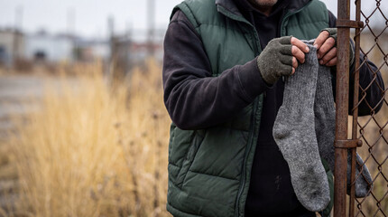Fototapeta premium Homeless man holding old wool socks outdoors. Poor person in shabby clothes standing by fence. Social documentary concept about poverty, unemployment, hunger and difficult living condition.