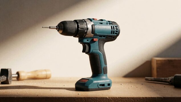 Blue cordless drill wooden workbench center positioned way facing towards right side frame has black handle bo