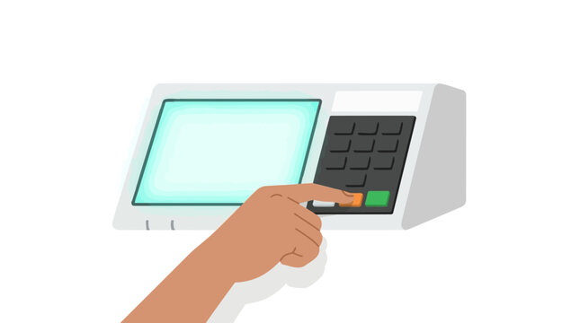 Hand pressing button on electronic voting machine with screen and keypad