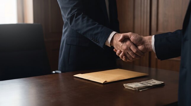 Businessmen shaking hands over money and envelope on desk