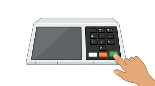 Hand pressing green button on electronic voting machine with numeric keypad and screen