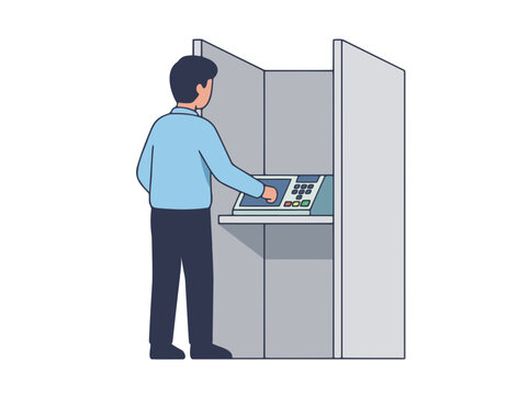 Man voting at electronic voting machine in a booth
