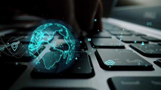 A close-up image depicts hands typing on a laptop keyboard. Overlaid graphics illustrate a digital globe and network icons, symbolizing global connectivity and technological integration. Xenic