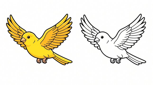 Two Identical Bright Yellow Canary Bird Illustrations Flying with Wings Spread Wide &ndash; Colorful and Black-and-White Vector Set