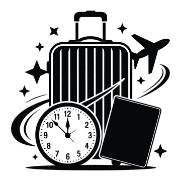 Suitcase clock and airplane form a travel themed black silhouette luggage