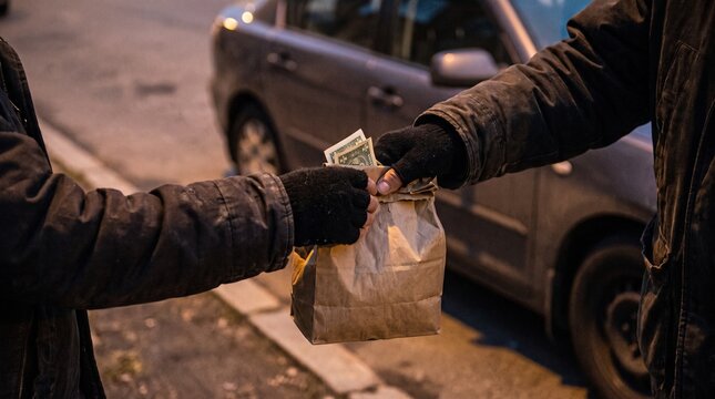 Person giving money and a paper bag to another person on a street at night