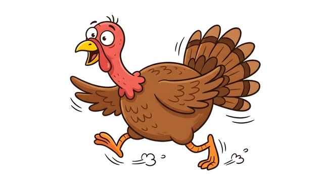 Cartoon turkey illustration with a playful expression running on a white background