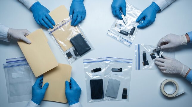 Forensic investigators collect digital evidence including USB drives and memory cards