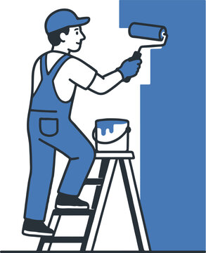 Professional Painter Using Paint Roller on Wall, Home Renovation and Interior Painting Service Worker Illustration
