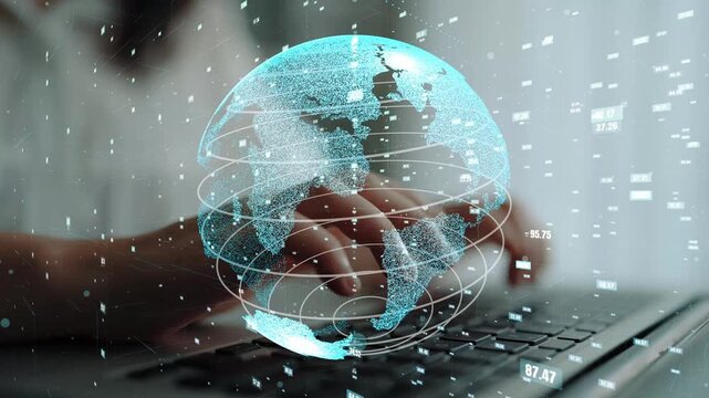 A modern digital overlay of a globe depicts global connectivity as a user interacts with a laptop keyboard, symbolizing technology and communication. Xenic