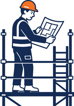 Construction Engineer Reading Architectural Blueprint on Scaffolding, Building Site Planning and Contractor Work Illustration