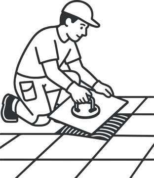 Professional Flooring Installer Laying Floor Tiles with Suction Cup, Home Renovation and Construction Worker Illustration