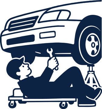 Auto Mechanic Repairing Car on Creeper with Wrench, Professional Vehicle Maintenance and Automotive Service Illustration