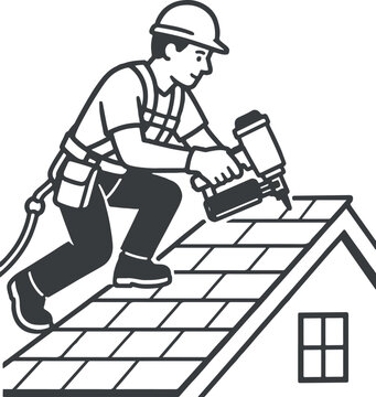 Professional Roofer Installing Roof Shingles with Nail Gun, Roofing Construction and Home Repair Service Illustration