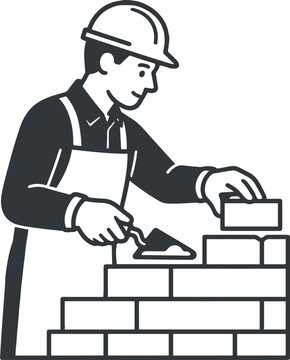 Professional Bricklayer Building Brick Wall with Trowel, Masonry Construction and Builder Work Illustration