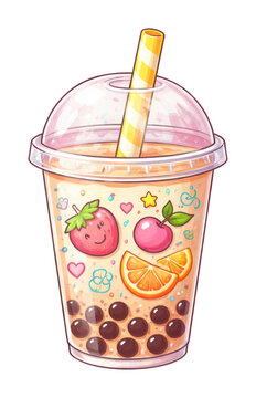 Cute kawaii fruit bubble tea cup PNG on transparent background