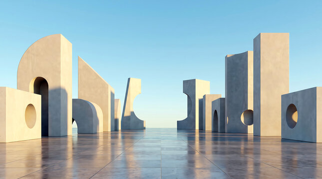 Minimalist concrete geometric structures arranged on a reflective tiled plaza under a clear sky