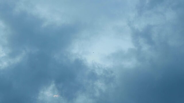 Small birds fly across a vast, cloudy sky filled with dramatic dark blue and gray storm clouds during overcast weather.