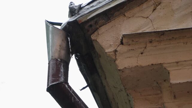 Water drops fall from a worn metal gutter drainage pipe attached to the cracked plaster facade of an old building during rainy weather.