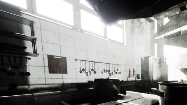 Bright sunlight illuminates an old kitchen, revealing pots and utensils hanging on the wall. The worn tiles and open windows create a warm, inviting atmosphere.