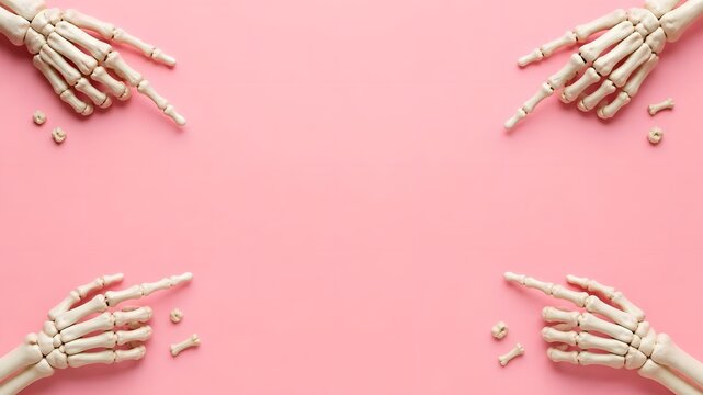 Halloween background with skeleton hands pointing inward on a pink pastel surface spooky border skeleton fingers creepy backdrop