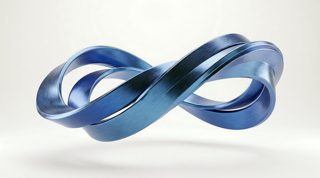 Abstract brushed metal infinity symbol floating against a clean minimalist white studio background