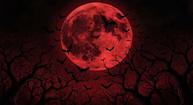 Red blood moon with flying bats and spooky trees