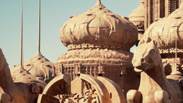 Carvings of majestic horses and elaborate patterns adorn the majestic architecture under a bright blue sky. This scene captures the beauty and craftsmanship of a historic site.