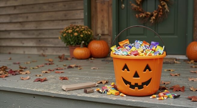 Halloween jack-o'-lantern bucket full of trick or treat candy. Orange pumpkin basket overflowing with sweets on a wooden porch with autumn leaves