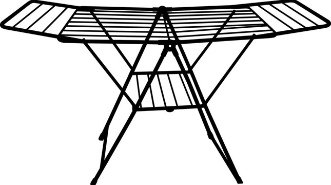Black silhouette of a folding clothes drying rack on a white background
